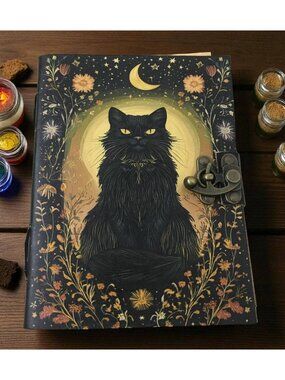 Leather Journal Black Cat Moon Celestial Grimoire Aged Paper Brass Clasp Lock‎